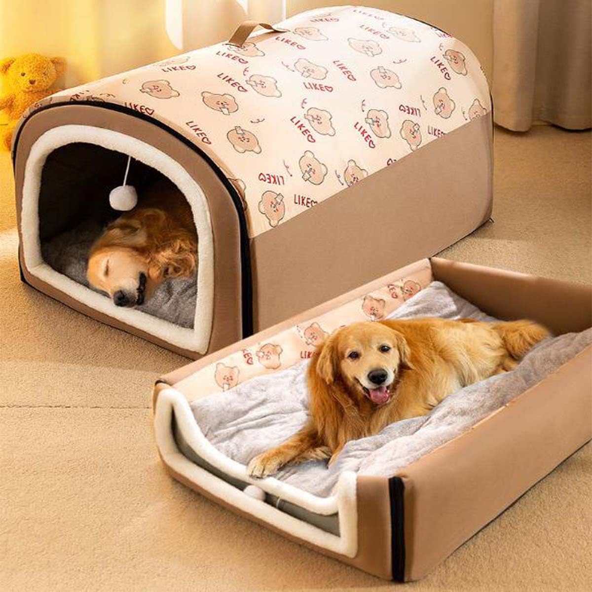 FellNest 2 in 1 Hundehütte und Hundebett faltbar warm mit weichem Kissen rutschfest waschbar für Hunde und Katzen Indoor