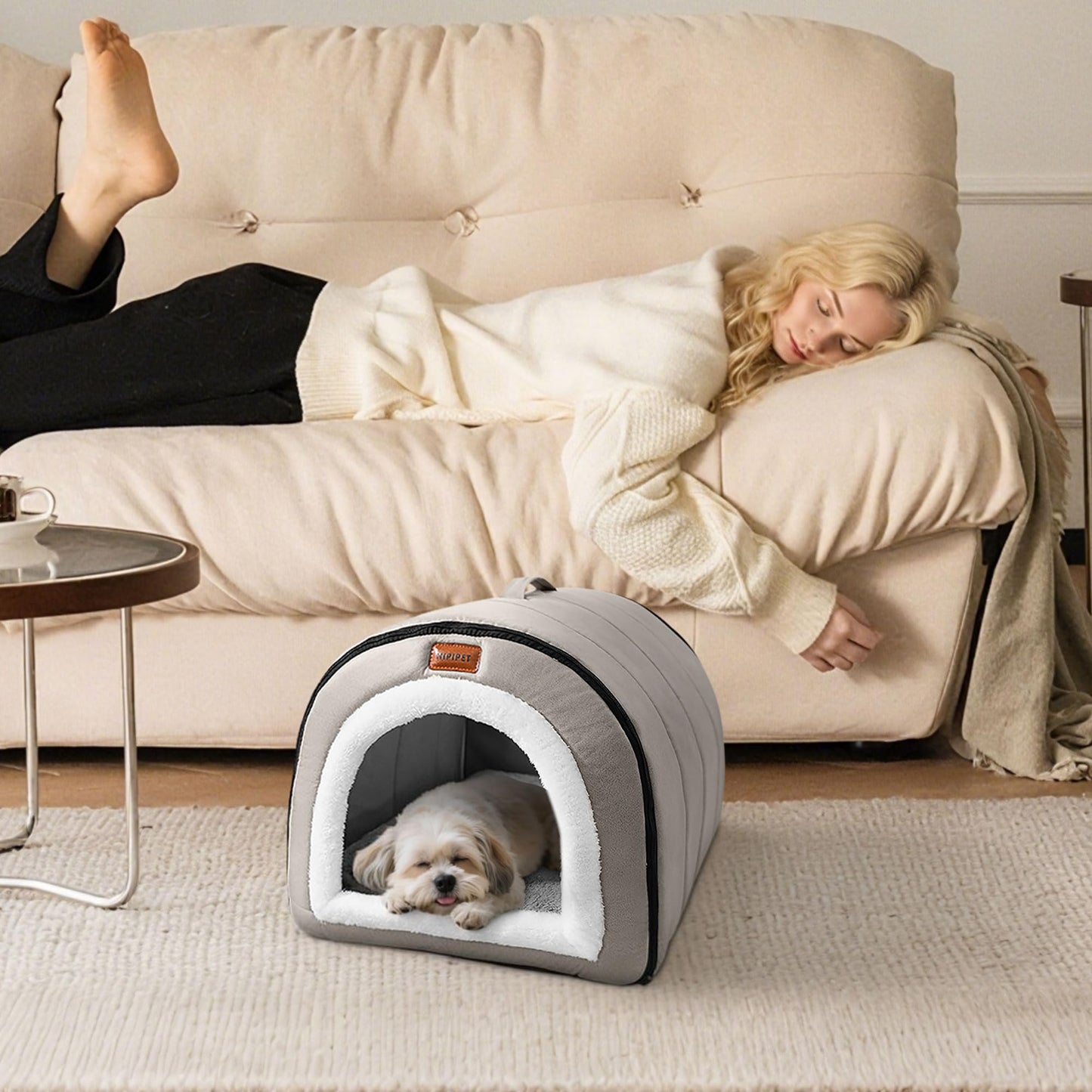 FellNest selbstwärmendes 2 in 1 Hundebett faltbar Haustier Iglu Bett rutschfest waschbar mit Griffen Indoor Nebelgrau L