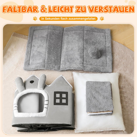 FellNest Katzenhaus und Hundehaus faltbar Hundehöhle mit Dach warm waschbar mit abnehmbarem Kissen Indoor Grau L