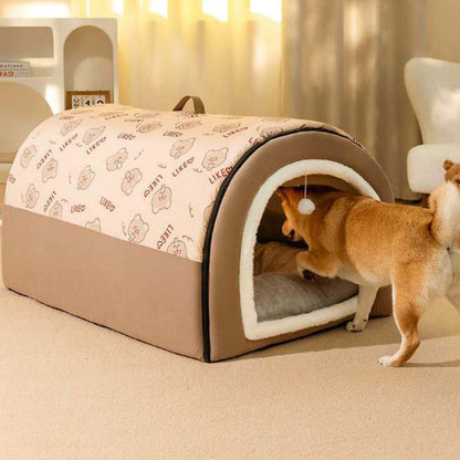 FellNest 2 in 1 Hundehütte und Hundebett faltbar warm mit weichem Kissen rutschfest waschbar für Hunde und Katzen Indoor