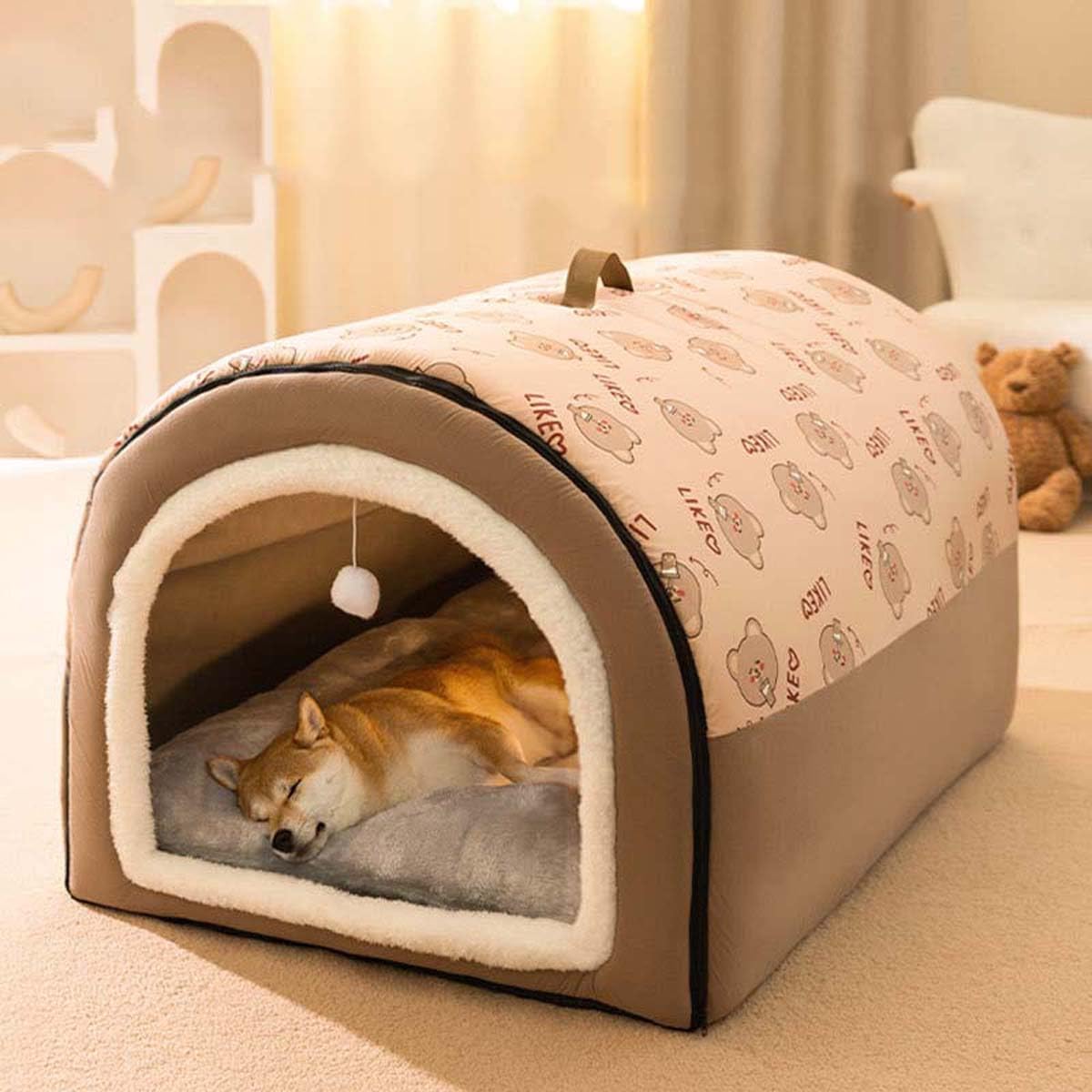 FellNest 2 in 1 Hundehütte und Hundebett faltbar warm mit weichem Kissen rutschfest waschbar für Hunde und Katzen Indoor
