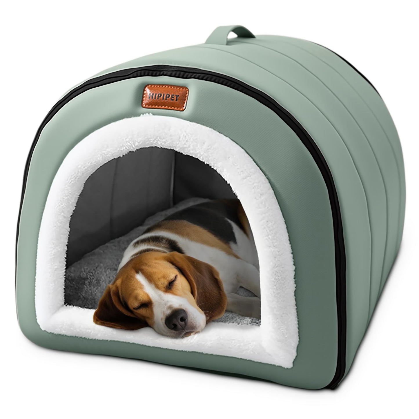 FellNest selbstwärmendes 2 in 1 Hundebett faltbar Haustier Iglu Bett mit Griffen rutschfest waschbar Indoor Salbeigrün XL