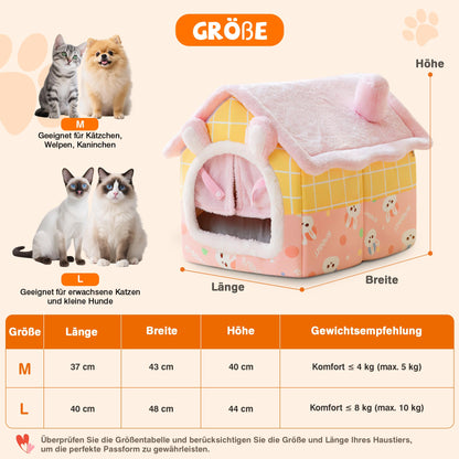 FellNest Hundehaus für drinnen faltbare Hunde und Katzenhöhle warmes Indoor Haustierbett waschbar mit abnehmbarem Kissen Rosa M