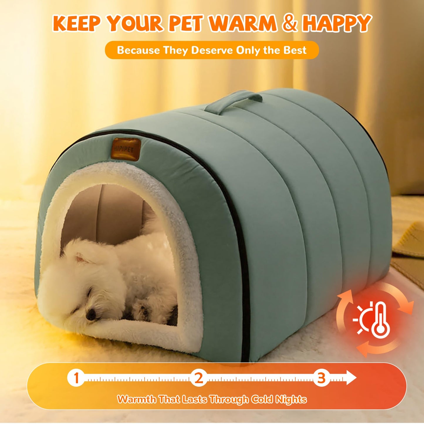 FellNest selbstwärmendes 2 in 1 Hundebett faltbar Haustier Iglu Bett mit Griffen rutschfest waschbar Indoor Salbeigrün XL