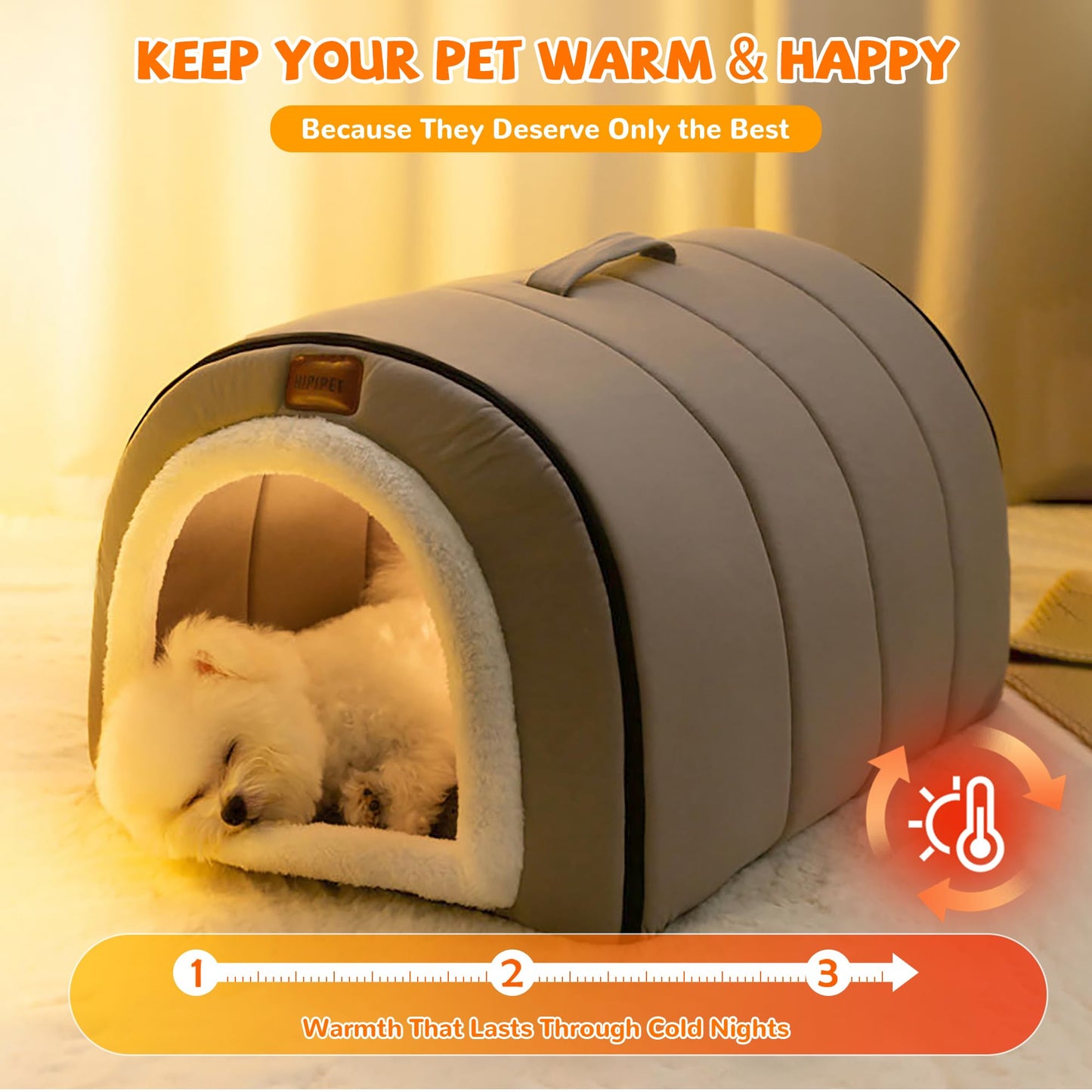 FellNest selbstwärmendes 2 in 1 Hundebett faltbar Haustier Iglu Bett rutschfest waschbar mit Griffen Indoor Nebelgrau L