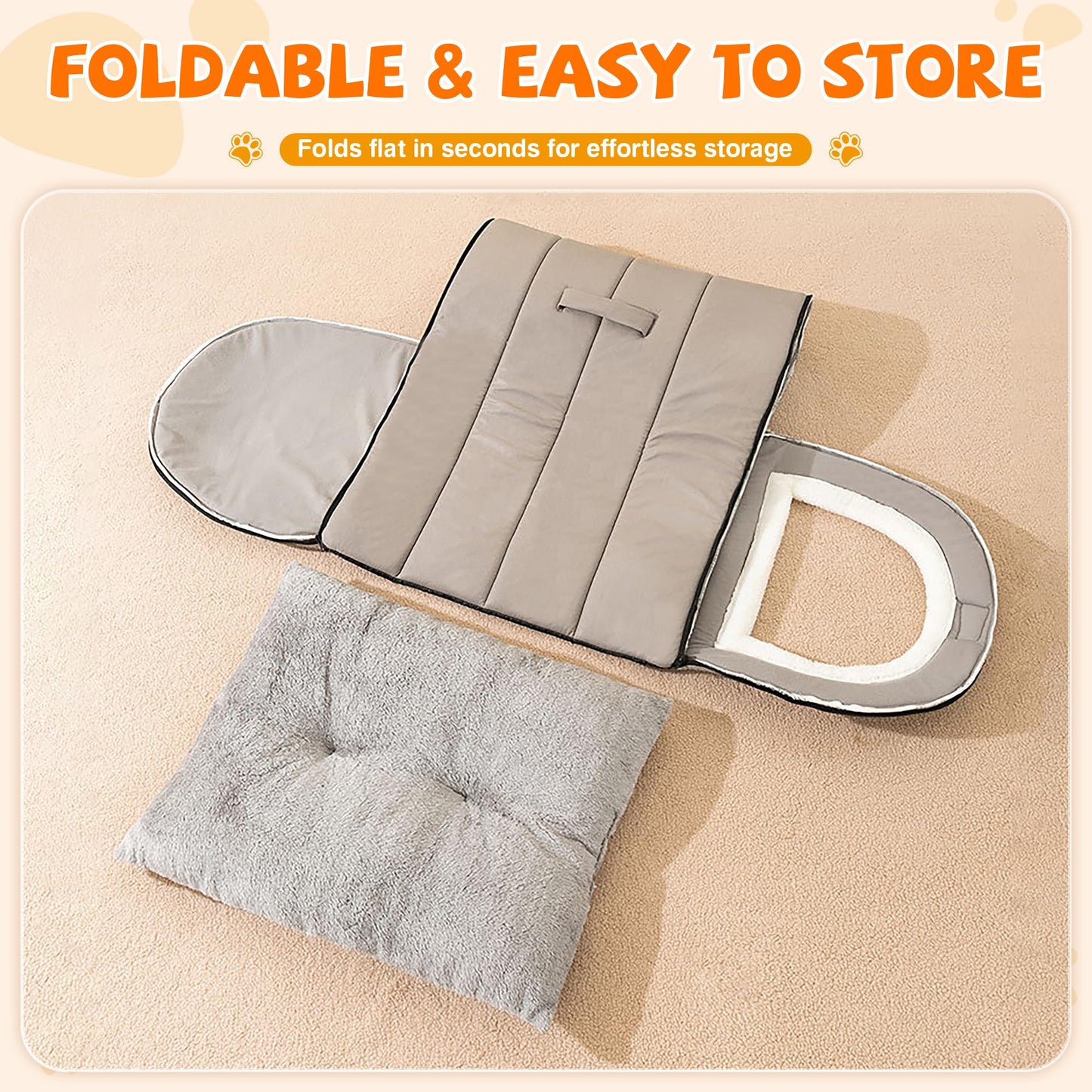 FellNest selbstwärmendes 2 in 1 Hundebett faltbar Haustier Iglu Bett rutschfest waschbar mit Griffen Indoor Nebelgrau L