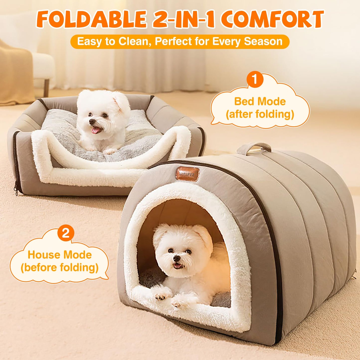 FellNest selbstwärmendes 2 in 1 Hundebett faltbar Haustier Iglu Bett rutschfest waschbar mit Griffen Indoor Nebelgrau L