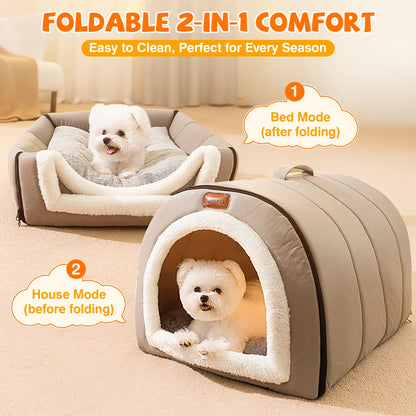 FellNest selbstwärmendes 2 in 1 Hundebett faltbar Haustier Iglu Bett rutschfest waschbar mit Griffen Indoor Nebelgrau L