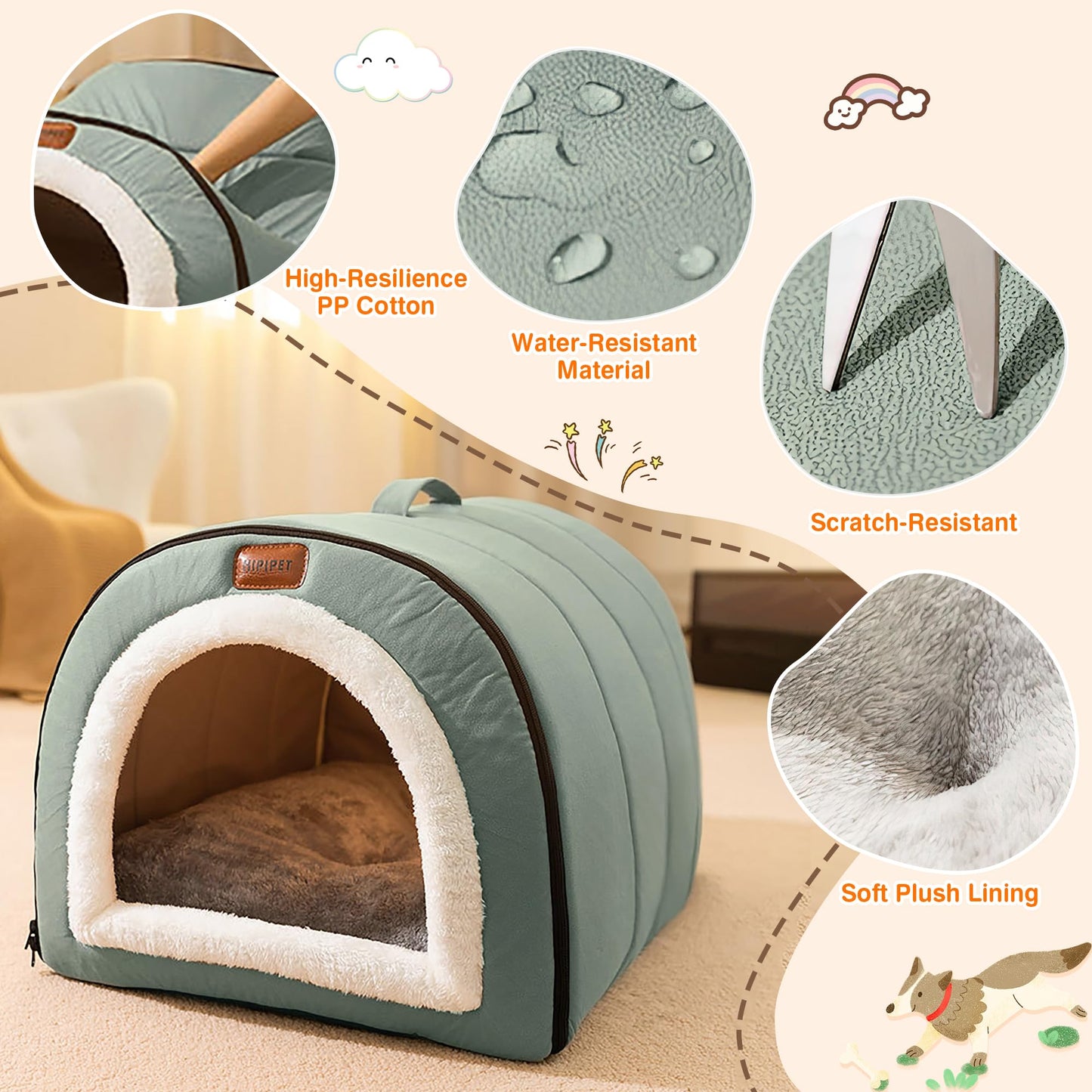 FellNest selbstwärmendes 2 in 1 Hundebett faltbar Haustier Iglu Bett mit Griffen rutschfest waschbar Indoor Salbeigrün XL