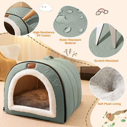 FellNest selbstwärmendes 2 in 1 Hundebett faltbar Haustier Iglu Bett mit Griffen rutschfest waschbar Indoor Salbeigrün XL