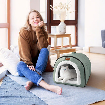 FellNest selbstwärmendes 2 in 1 Hundebett faltbar Haustier Iglu Bett mit Griffen rutschfest waschbar Indoor Salbeigrün XL