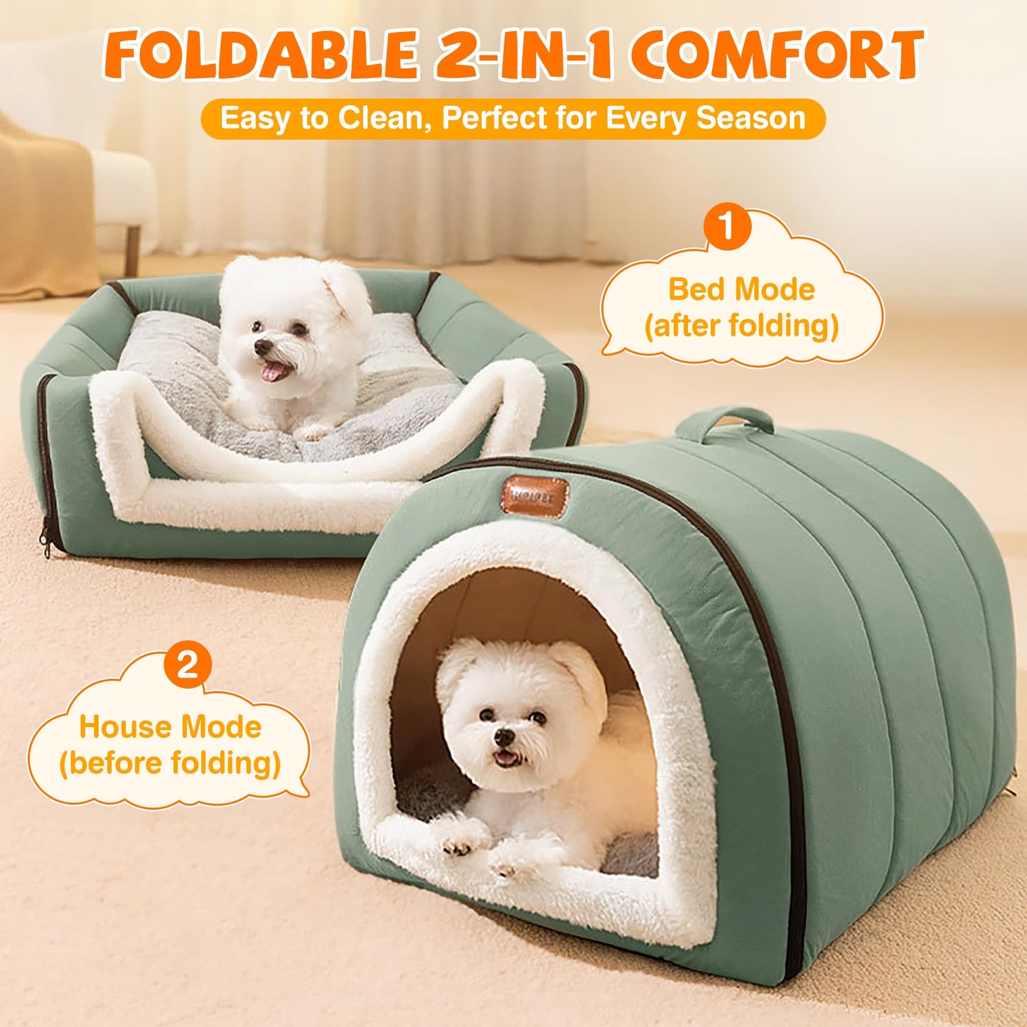 FellNest selbstwärmendes 2 in 1 Hundebett faltbar Haustier Iglu Bett mit Griffen rutschfest waschbar Indoor Salbeigrün XL