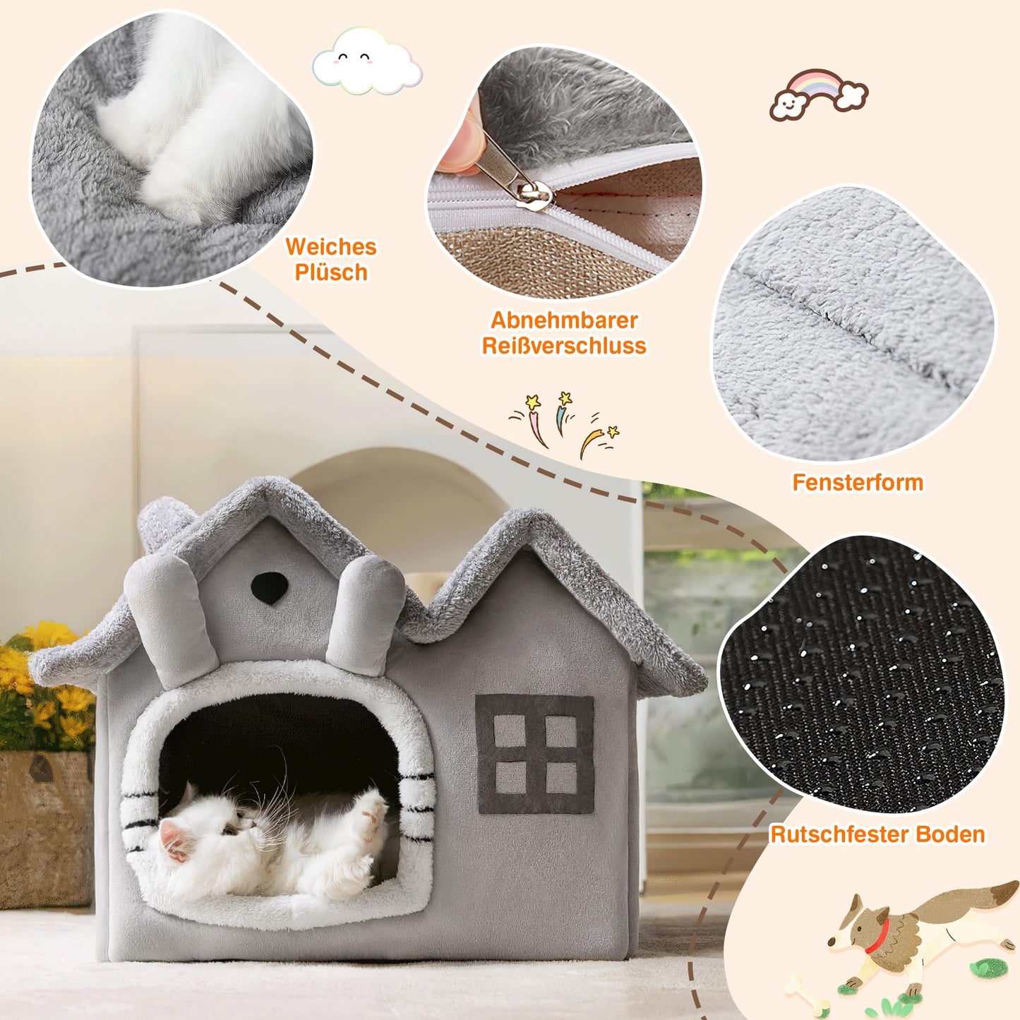 FellNest Katzenhaus und Hundehaus faltbar Hundehöhle mit Dach warm waschbar mit abnehmbarem Kissen Indoor Grau L