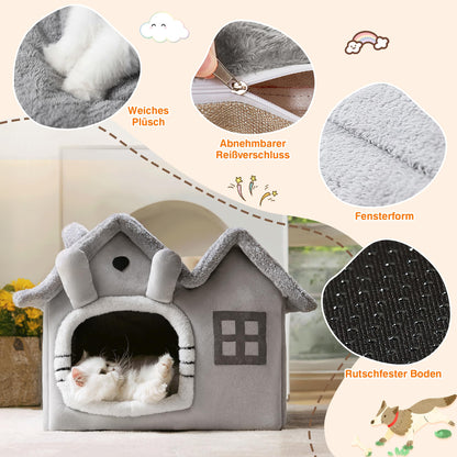 FellNest Katzenhaus und Hundehaus faltbar Hundehöhle mit Dach warm waschbar mit abnehmbarem Kissen Indoor Grau L