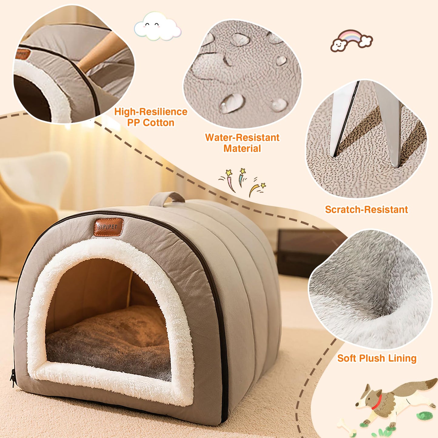 FellNest selbstwärmendes 2 in 1 Hundebett faltbar Haustier Iglu Bett rutschfest waschbar mit Griffen Indoor Nebelgrau L