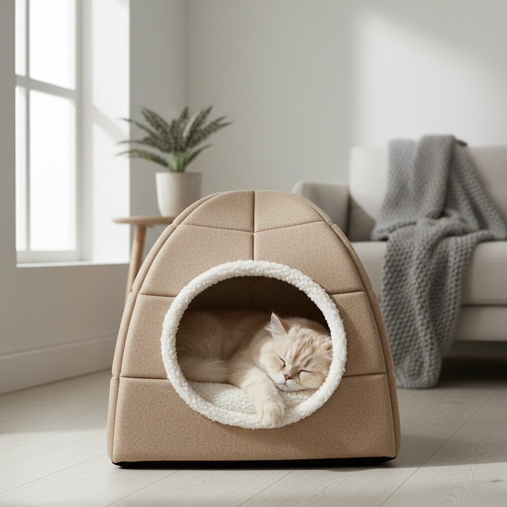 A cozy indoor lifestyle scene featuring a calm cat resting inside a soft premium cat igloo bed. Plush warm fabric, comfortable and safe feeling. Scandinavian minimalist home interior, neutral beige and cream tones, soft natural daylight. Focus on warmth, comfort and relaxation. Clean background, no people, no text, no logos. Ultra realistic professional ecommerce photography, soft shadows, shallow depth of field, centered composition, square format.