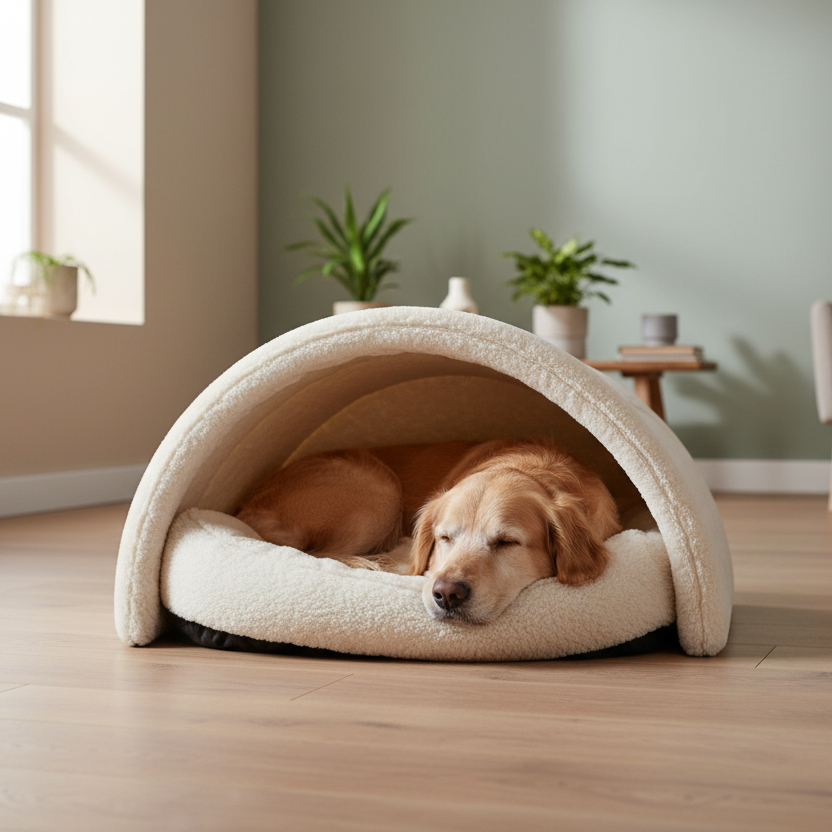 A cozy indoor lifestyle scene featuring a calm medium sized dog resting inside a premium 2 in 1 dog igloo bed. Soft plush fabric, warm and comfortable look. Scandinavian minimalist home interior with wooden floor, neutral beige and soft green tones. Natural daylight from a window creating a peaceful and safe atmosphere. Focus on comfort, warmth and relaxation. Clean background, no people, no text, no logos. Professional ecommerce photography, ultra realistic, soft shadows, shallow depth of field.
