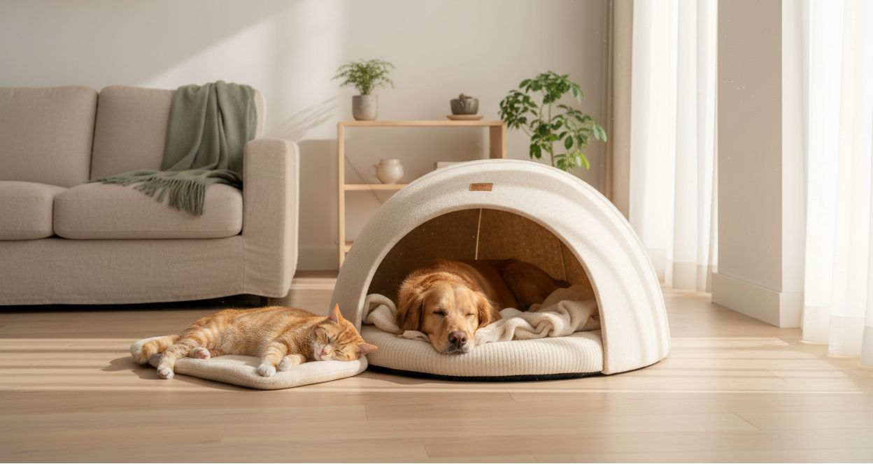 A cozy indoor lifestyle scene featuring a premium 2 in 1 pet igloo bed for dogs and cats. A calm dog and a cat resting comfortably inside and beside a soft warm foldable pet igloo bed. Scandinavian minimalist home interior with wooden floor, neutral beige, cream and soft green colors. Natural warm daylight from a window creating a peaceful atmosphere. The pet bed looks plush, premium, safe and comforting. Focus on warmth, relaxation and emotional comfort. Clean background with space on the left for website 
